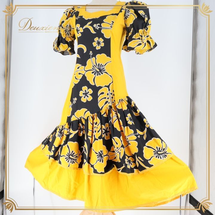 フラダンス 衣装 ワンピース ドレス Lei lani イエロー系 ハイビスカス