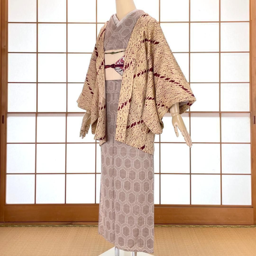 羽織 総絞り 正絹 斜め縞 クリーム色 葡萄色 ビンテージ着物