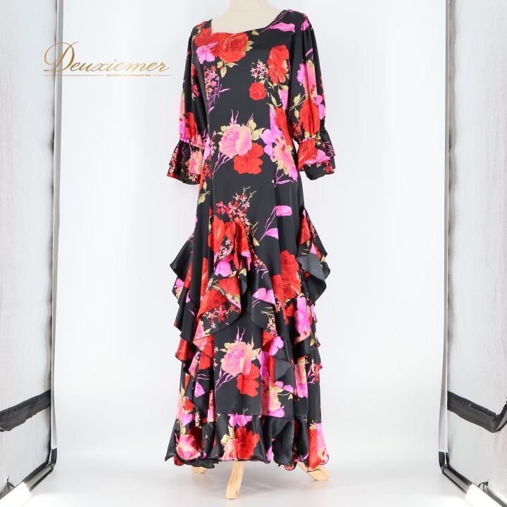 フラメンコ 衣装 ワンピース ドレス 黒 ピンク 赤 光沢 花柄 ボランテ