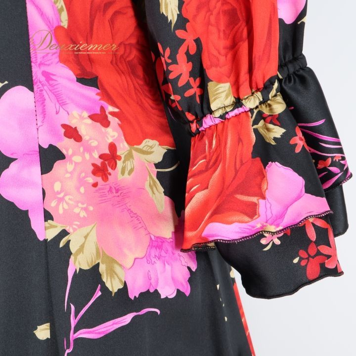 フラメンコ 衣装 ワンピース ドレス 黒 ピンク 赤 光沢 花柄 ボランテ