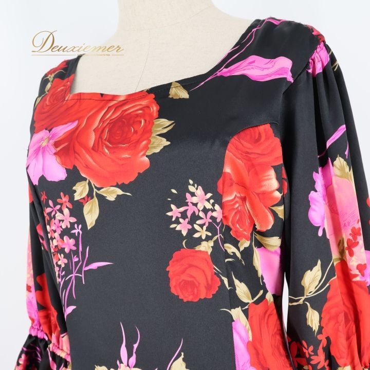 フラメンコ 衣装 ワンピース ドレス 黒 ピンク 赤 光沢 花柄 ボランテ