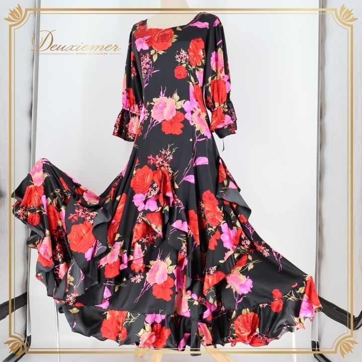 フラメンコ 衣装 ワンピース ドレス 黒 ピンク 赤 光沢 花柄 ボランテ