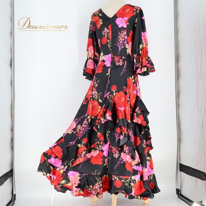 【フラメンコ衣装】ブラック ワンピース ドレス 赤 黒 伸縮 薄い ストレッチ フラメンコ衣装】ブラック ワンピース ドレス 赤 黒 伸縮 薄い