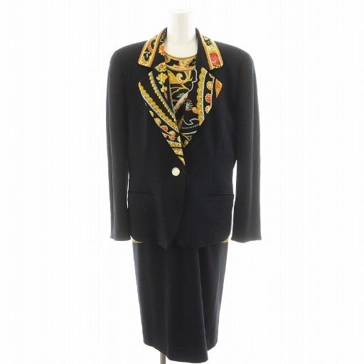 レオナール LEONARD FASHION スーツ セットアップ テーラードジャケット シングル ワンピース ロング丈 長袖 宝石柄 ウール 11 AR 黒 ブラック AN 65 H