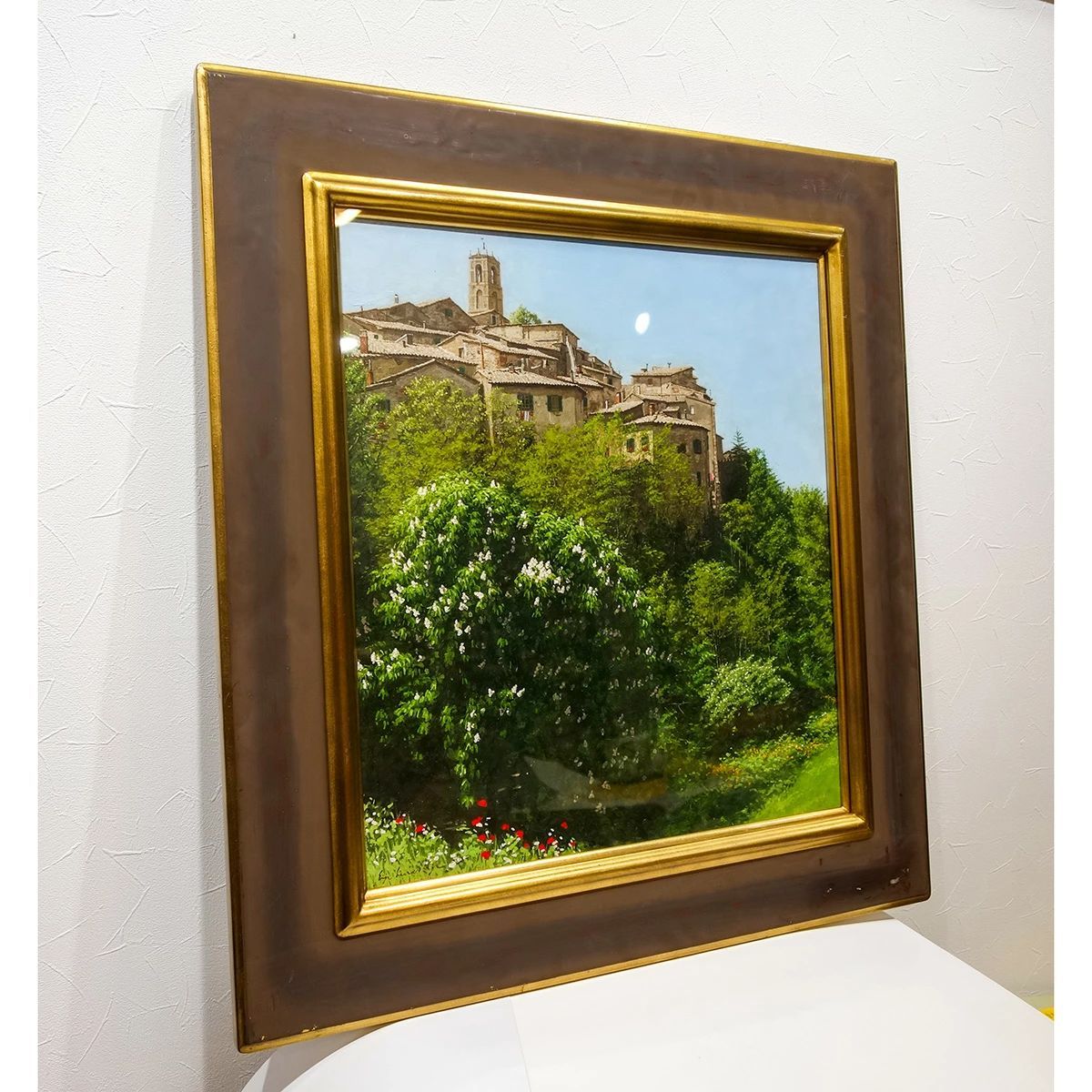 油彩画額装付 油彩画 変形10号 倉重栄二 「トスカーナの風景」 額入り 具象 油絵