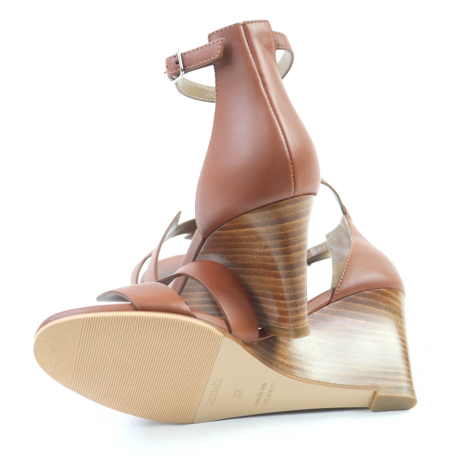 極美品★HERMES エルメス レジェンド ゴールド アンクルストラップ ウェッジソール サンダル 36.5 箱・保存袋付き イタリア製 レディース 極美品☆HERMES エルメス レジェンド ゴールド アンクルストラップ