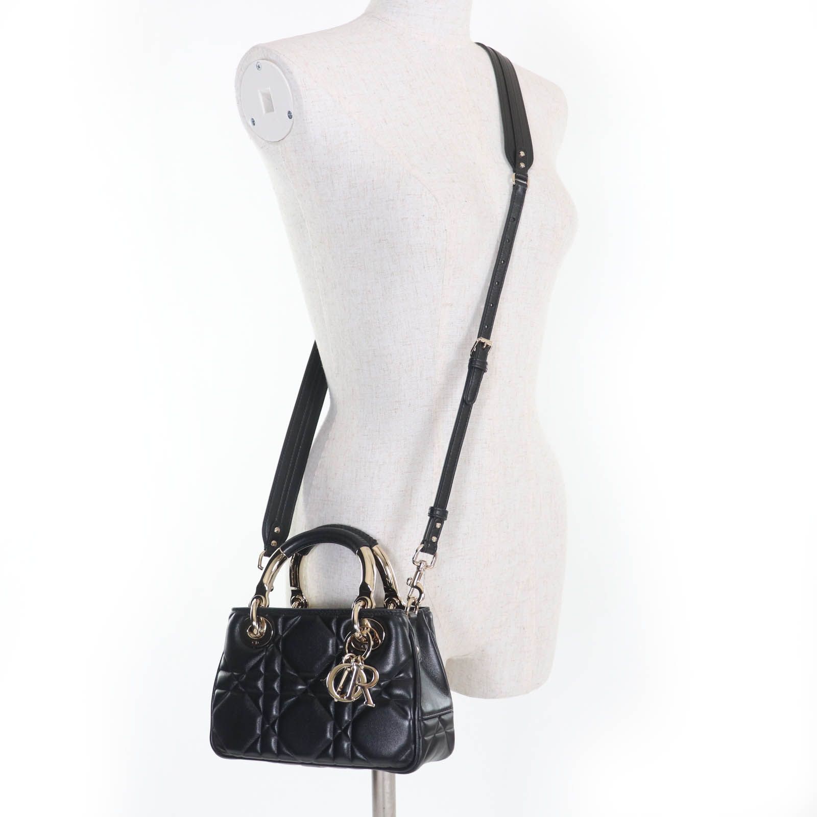 極美品☆Christian Dior クリスチャンディオール カナージュ レディ 95.22 ミニ ラムスキン 2WAYハンドバッグ  ショルダーバッグ ブラック ゴールド金具 保存袋付き イタリア製 レディース 2300045272775_1_600x600_crop_c