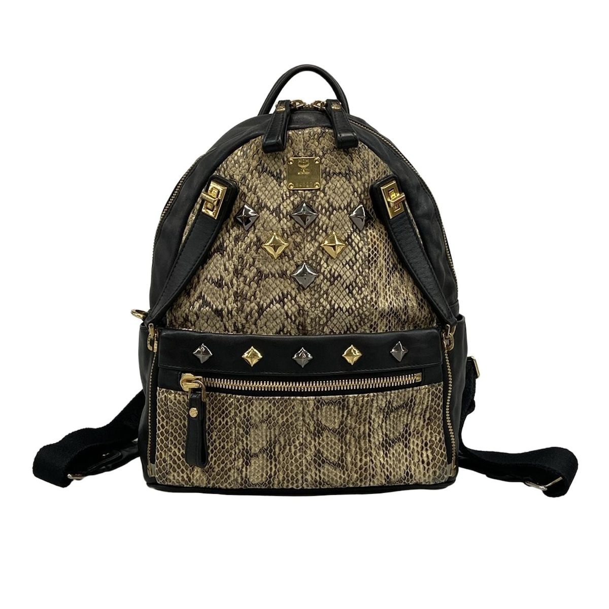 MCM エムシーエム リュックサック 黒×ダークブラウン×アイボリー パイソン柄 スタッズ