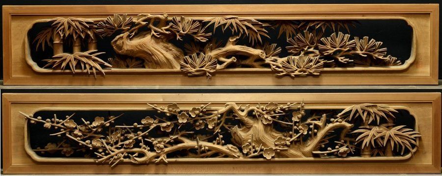 蔵A5716】建具 彫刻欄間 井波 日風作 松竹梅 一対 古民家座敷 - メルカリ