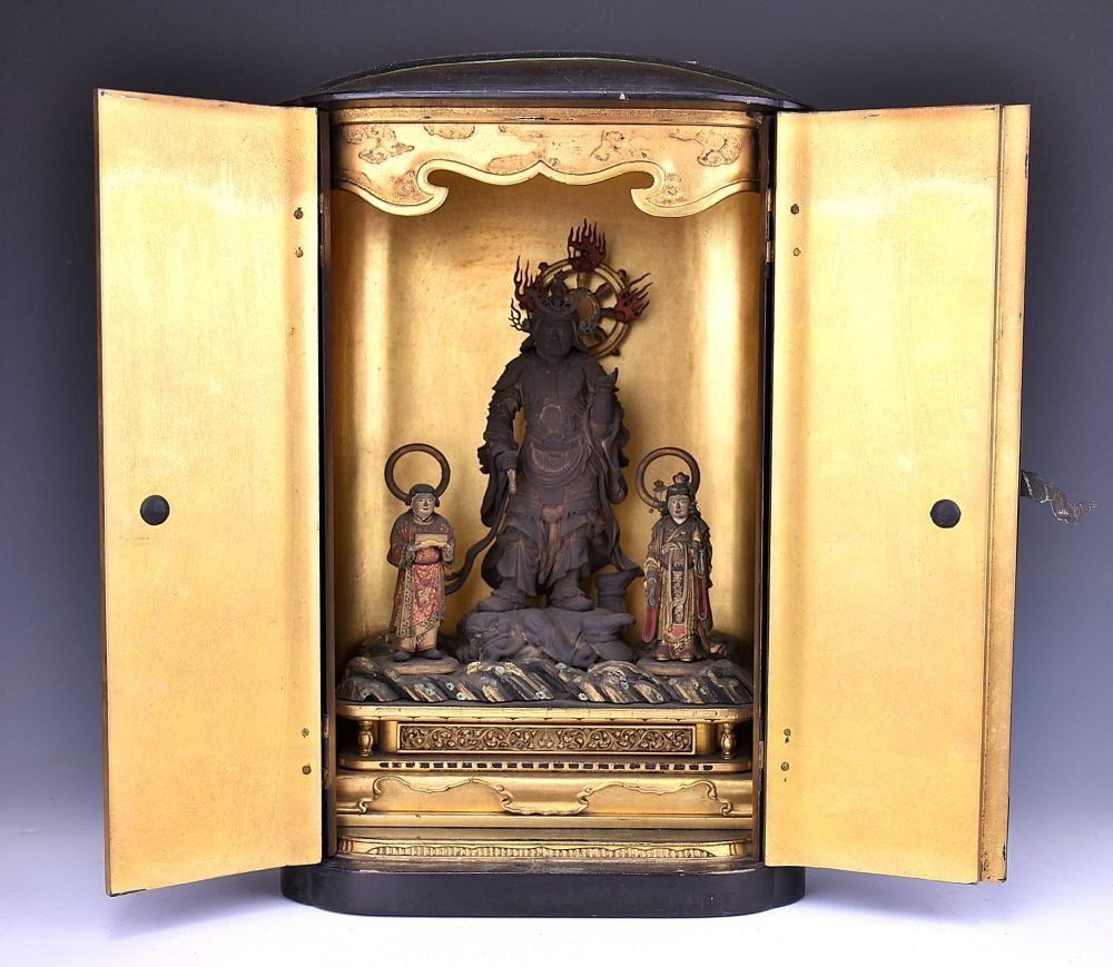 蔵A5751】仏教古美術 木彫彩色 毘沙門天像 三尊像 江戸時代 厨子入り