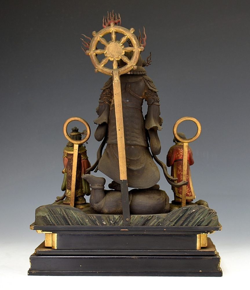 蔵A5751】仏教古美術 木彫彩色 毘沙門天像 三尊像 江戸時代 厨子入り