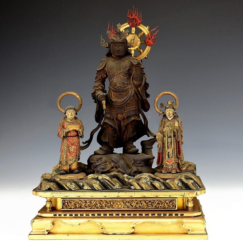 蔵A5751】仏教古美術 木彫彩色 毘沙門天像 三尊像 江戸時代 厨子入り