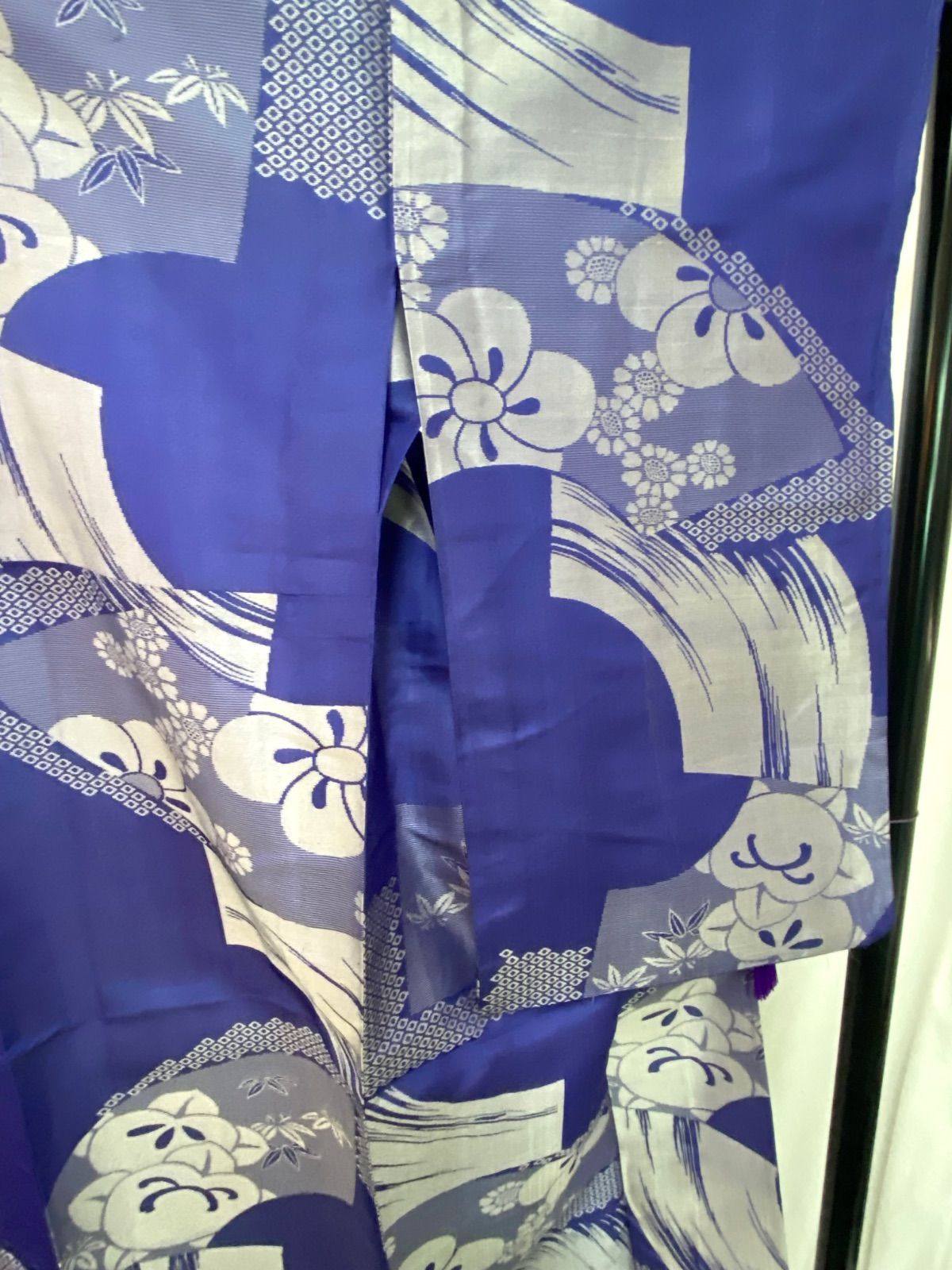 着物】アンティーク着物 アンティーク 小紋 正絹 単衣 紫地 扇 橘 梅