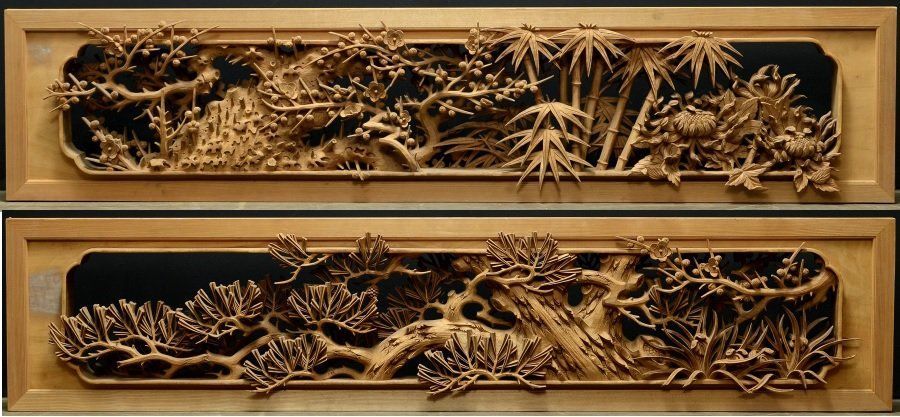 蔵A5718】建具 彫刻欄間 井波 幸峰作 五君子 一対 古民家座敷 - メルカリ