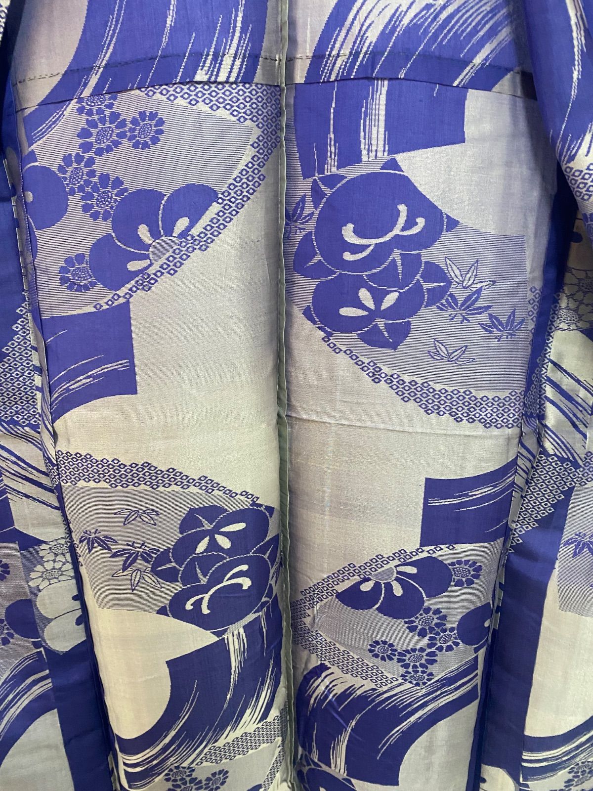 着物】アンティーク着物 アンティーク 小紋 正絹 単衣 紫地 扇 橘 梅