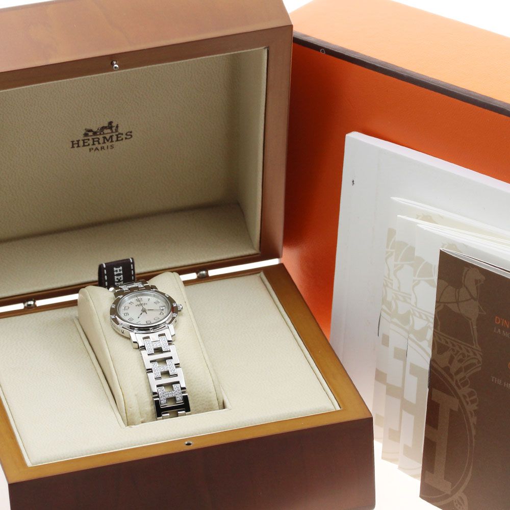 エルメス HERMES CL 4.230 クリッパー ナクレ ベゼル 12 Pダイヤ ダイヤブレス クォーツ レディース 箱 保証書付き_921403