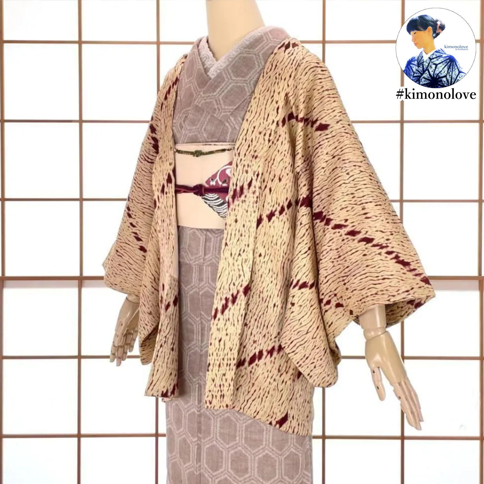 羽織 総絞り 正絹 斜め縞 クリーム色 葡萄色 ビンテージ着物