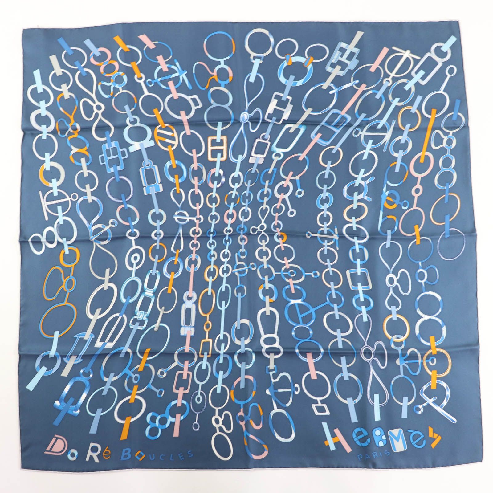 HERMES エルメス 製 カレ90 ド レ ブックル シルク BLEU ARDOISE CIEL スカーフ き フランス製 レディース