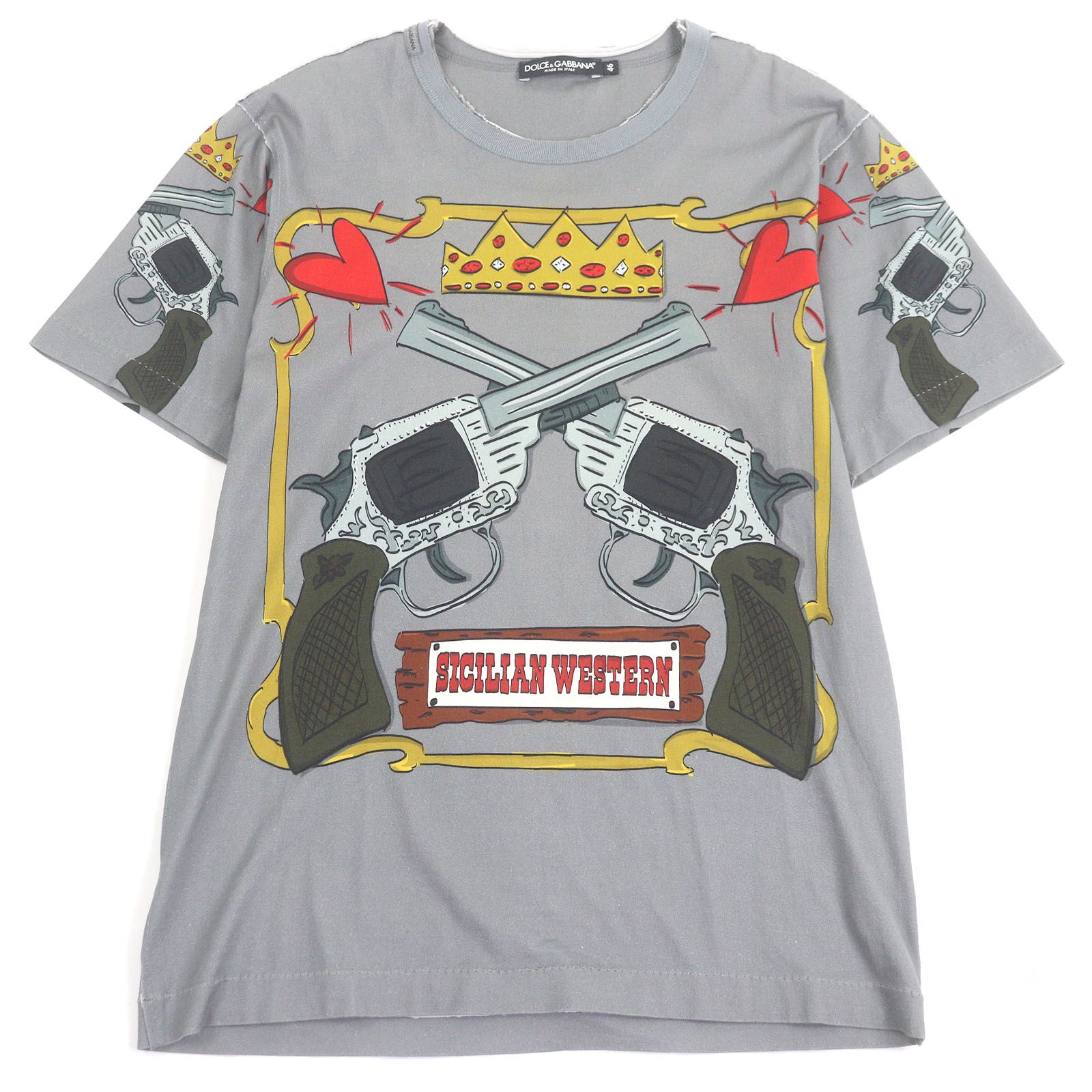 DOLCE GABBANA ドルチェ＆ガッバーナ ヴィンテージ加工 コットン100％ 黒タグ プリントデザイン クルーネック 半袖Ｔシャツ グレー 46 イタリア製 メンズ