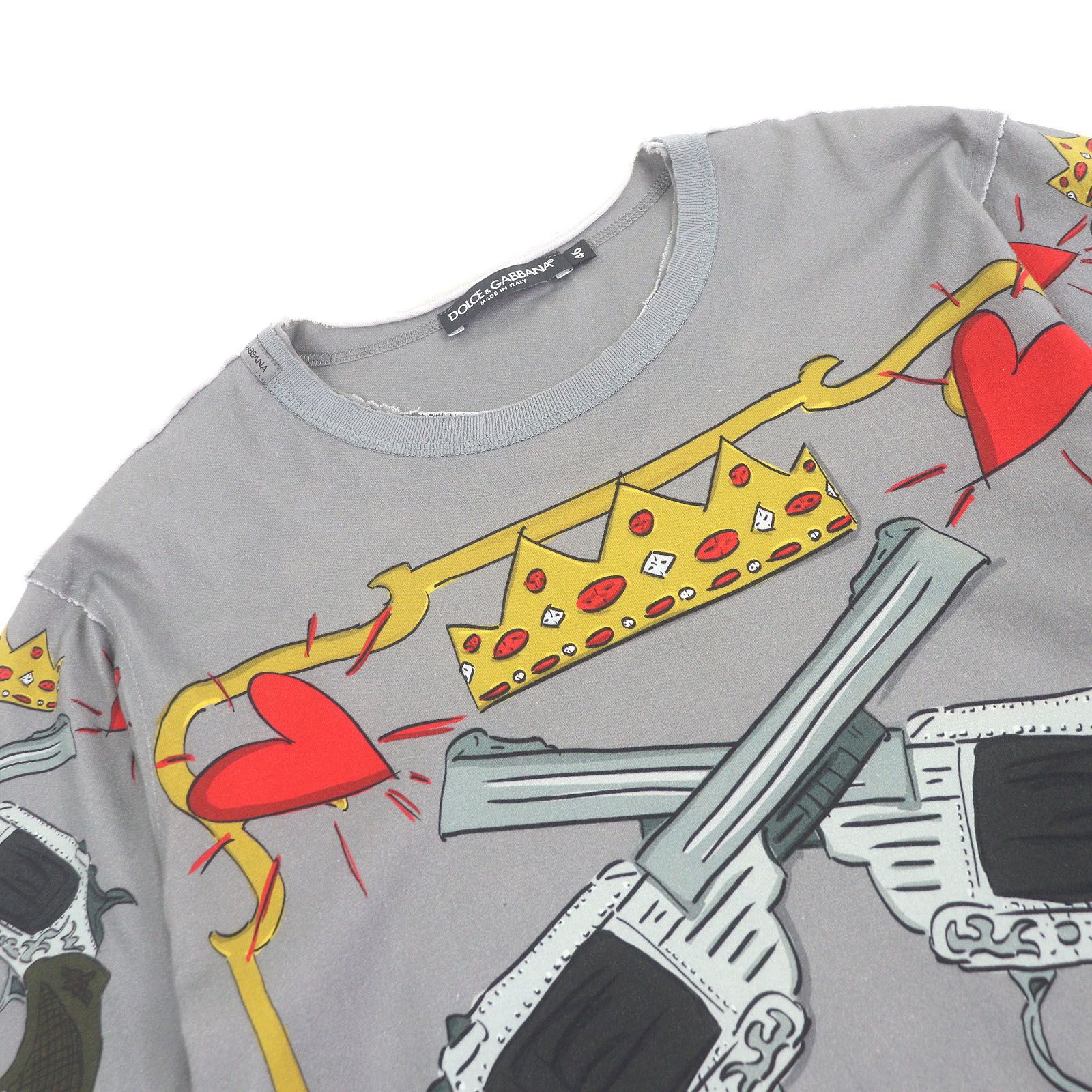DOLCE-GABBANA ドルチェ＆ガッバーナ ヴィンテージ加工 コットン100％ 黒タグ プリントデザイン クルーネック 半袖Ｔシャツ グレー 46 イタリア製 メンズ