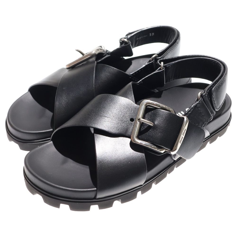 miumiu ミュウミュウ Smooth Leather Flat Sandals ロゴバックル レザーフラットサンダル ブラック レディース 5 X 214 E