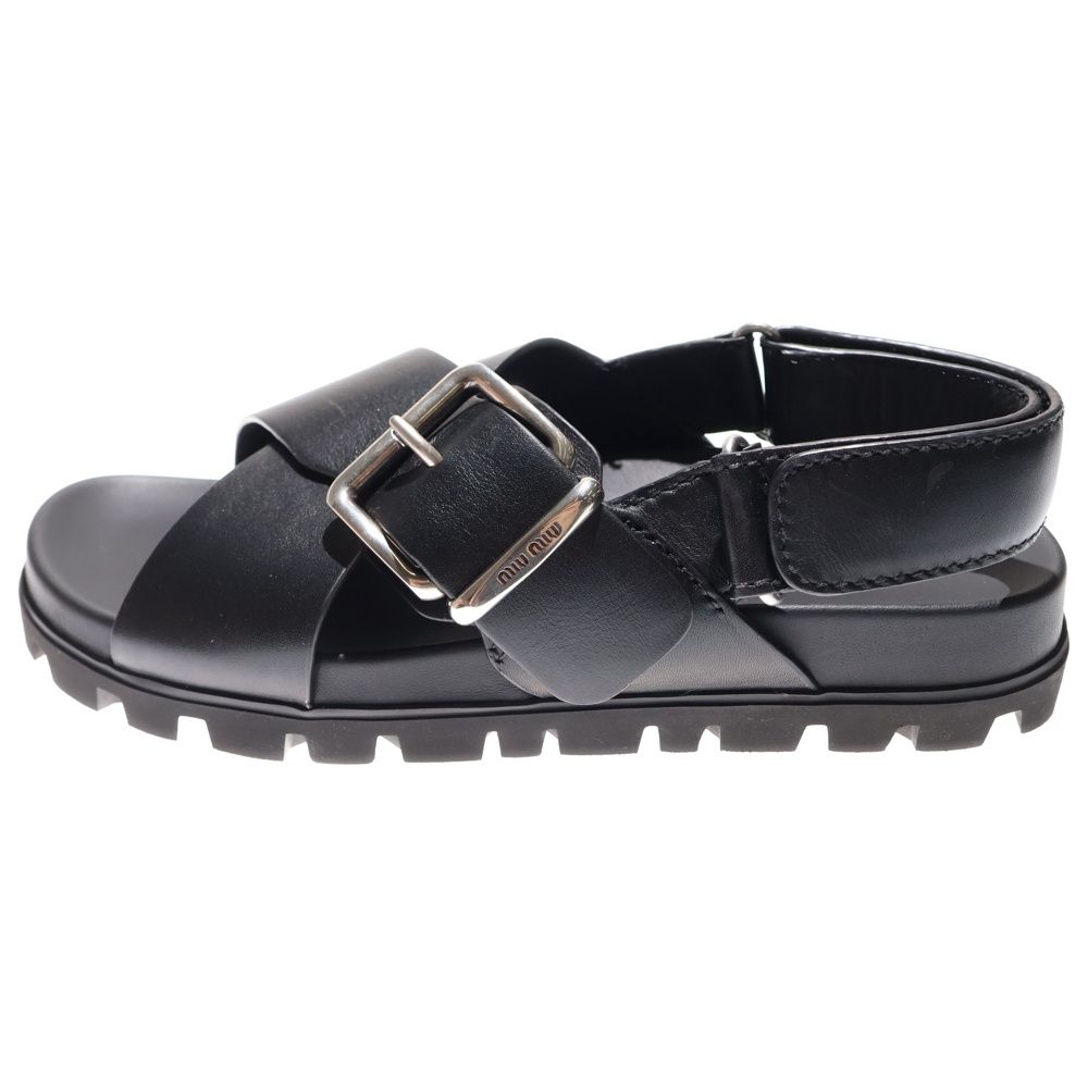 miumiu ミュウミュウ Smooth Leather Flat Sandals ロゴバックル レザーフラットサンダル ブラック レディース 5 X 214 E