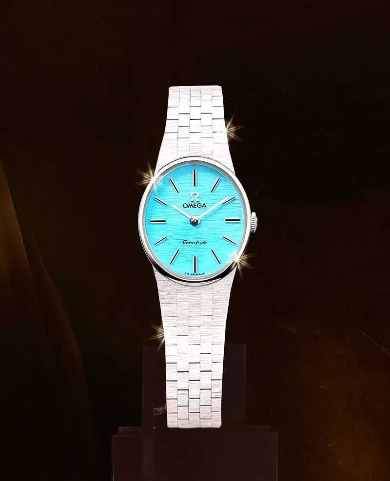オメガ ジェネーブ レディース ターコイズ ブルー ダイアル 18 K ホワイトゴールド コーティング ウォッチ