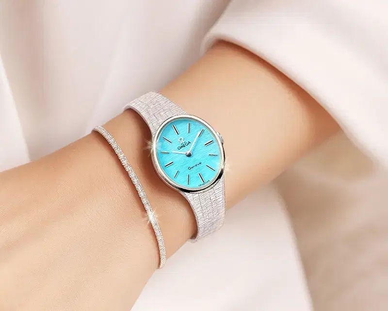 オメガ ジェネーブ レディース ターコイズ ブルー ダイアル 18 K ホワイトゴールド コーティング ウォッチ