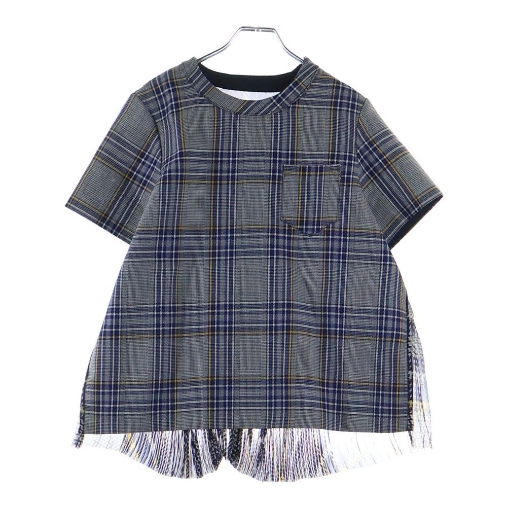 Sacai サカイ 総柄レース切り替え ショルダージップ 胸ポケット クルーネック チェック柄 半袖カットソー レディース グレー 18-04160