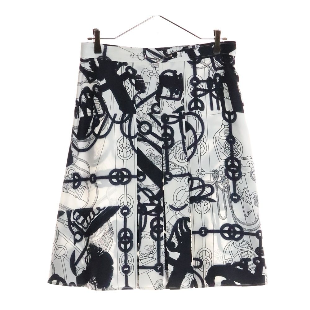 HERMES エルメス 22 SS ツイルレーヌ ホースビット シルク 総柄プリント プリーツ ミディアムスカート ホワイト ブラック レディース