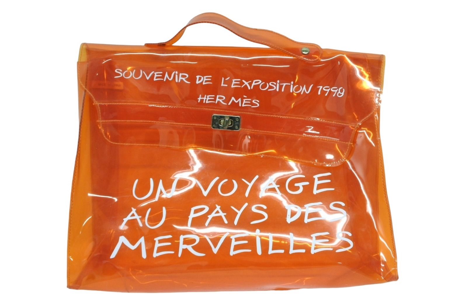 セール レア エルメス透明オレンジ色バッグ HERMES エルメス ビニールケリー 不思議の国 エルメスへの旅展