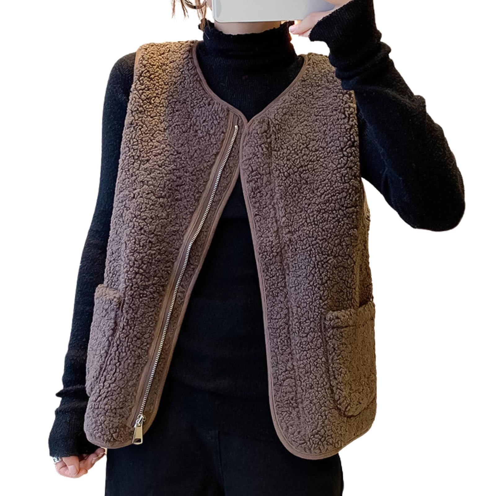 クルーネック 無地 前開き トップス ポケット付き もこもこ おしゃれ 大きいサイズ シャギー ゆったり 冬 ジップ 秋 ボタン アウター ノースリーブ 部屋着 レディース 暖かい ジレ 可愛い 保