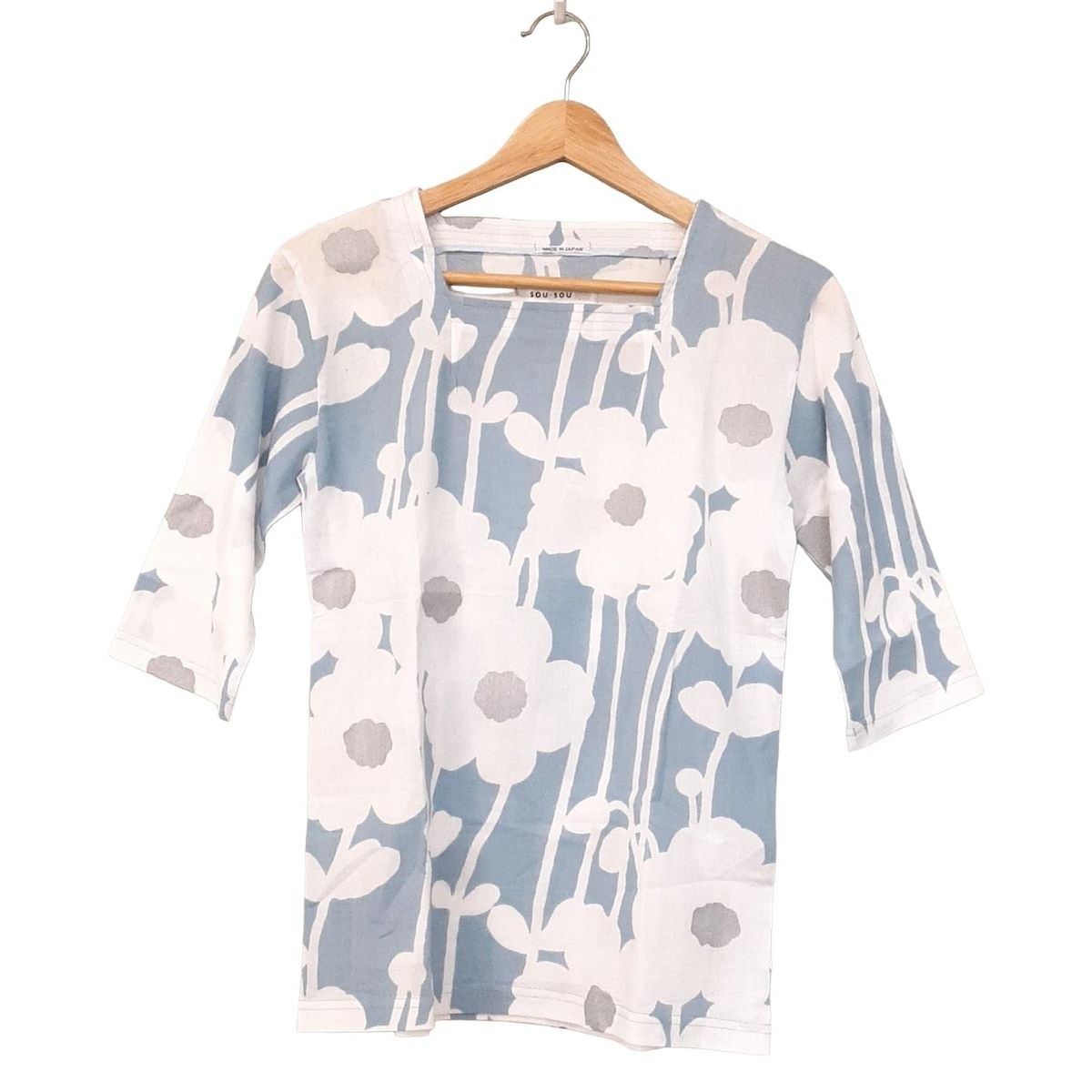 SOU ソウソウ 半袖カットソー サイズS レディース ブルーグレー 白 グレー フラワー 花