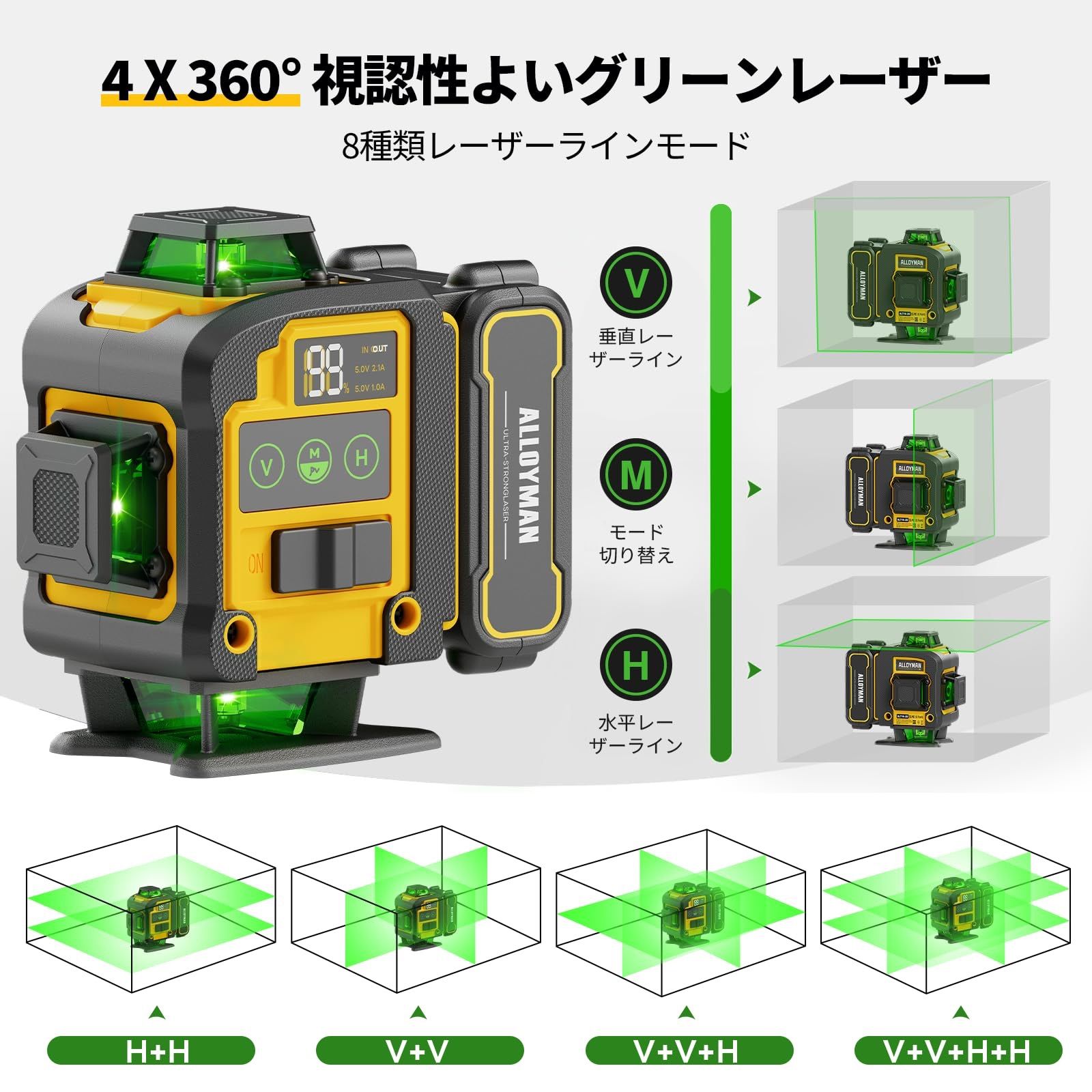Alloyman レーザー墨出し器 4 D フルライン グリーンレーザー 水平器 高精度 見やすいライン x 360°16ライン エレベーター三脚付き リモートコントロール 3.6 Ah大容量バッテリー セット 電量LCDディスプレー搭載 IP 54防水防塵