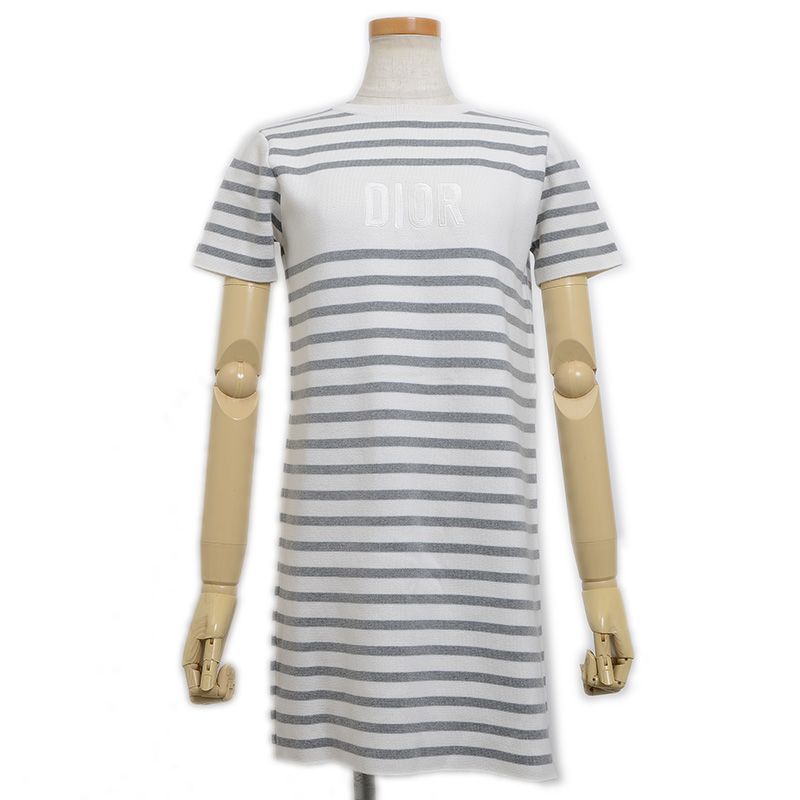 ディオール ニットワンピース ロゴ コットン混 ホワイト/グレー 12+