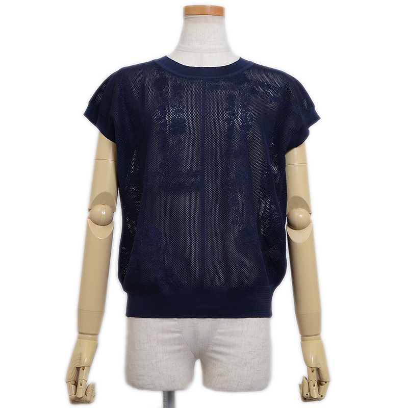エルメス 無秩序フルール メッシュ カットソー ネイビー シルク 5 E 2671 D