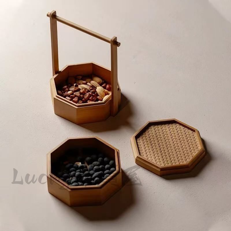 竹製 八角形バスケット 収納 おもてなし 八角形 箱 収納ケース＆トレー 巾着付 竹製 多用盛鉢 お