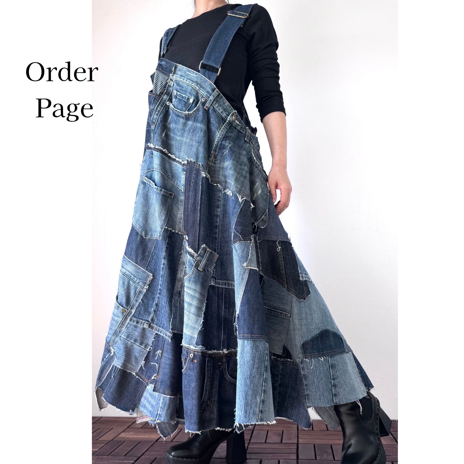 雰囲気オーダー 発送目安2 6週間 アシメデザイン 濃紺デニムの一点ものジャンパースカート サロペット リメイクデニム 古着リメイク アップサイクル038