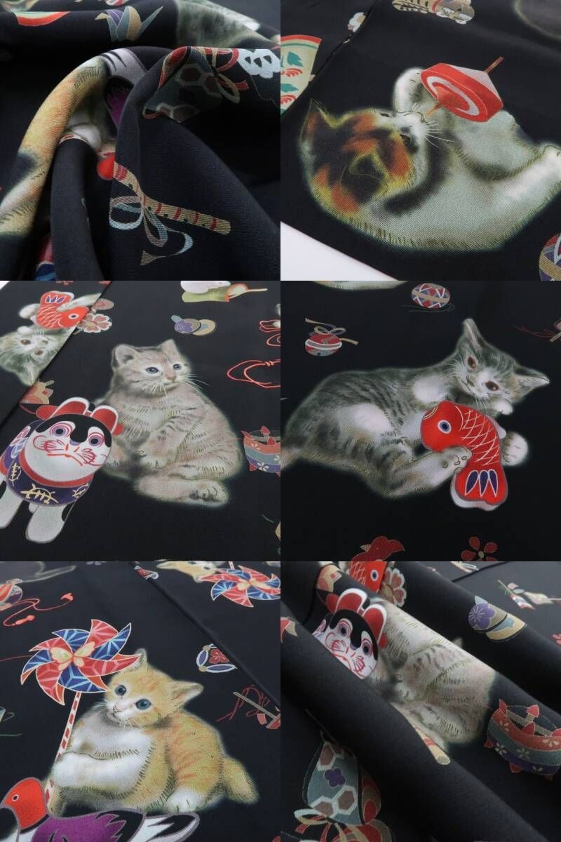 ❁tomihisa❁新品 猫 着物 正絹 仕付け糸付“玩具と宝で遊ぶリアルに