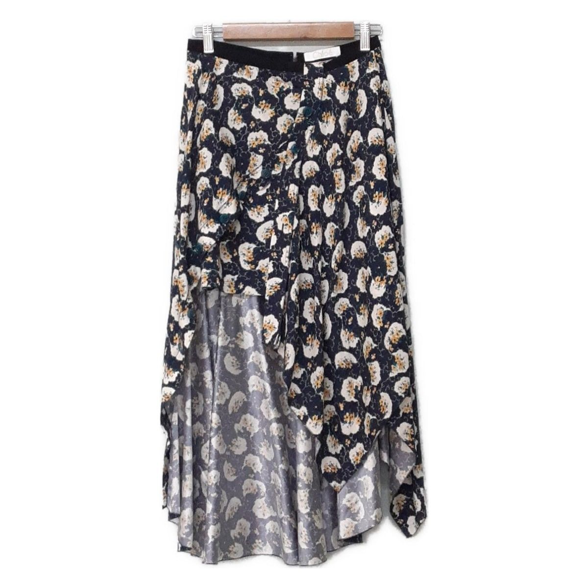 クロエ ロングスカート サイズ36 S レディース - ダークネイビー×アイボリー×マルチ シルク 花柄 変形デザイン レイヤードスカート