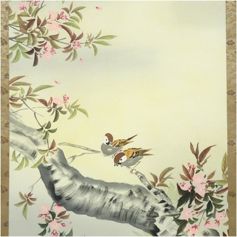 小川香月筆 桜花爛漫 肉筆絹本掛軸（紙箱） 掛け軸 床の間 書 おしゃれ