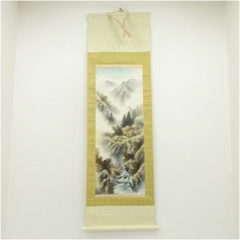 長嘉筆 彩色山水 肉筆絹本掛軸 掛け軸 床の間 書 おしゃれ 絵画 表具
