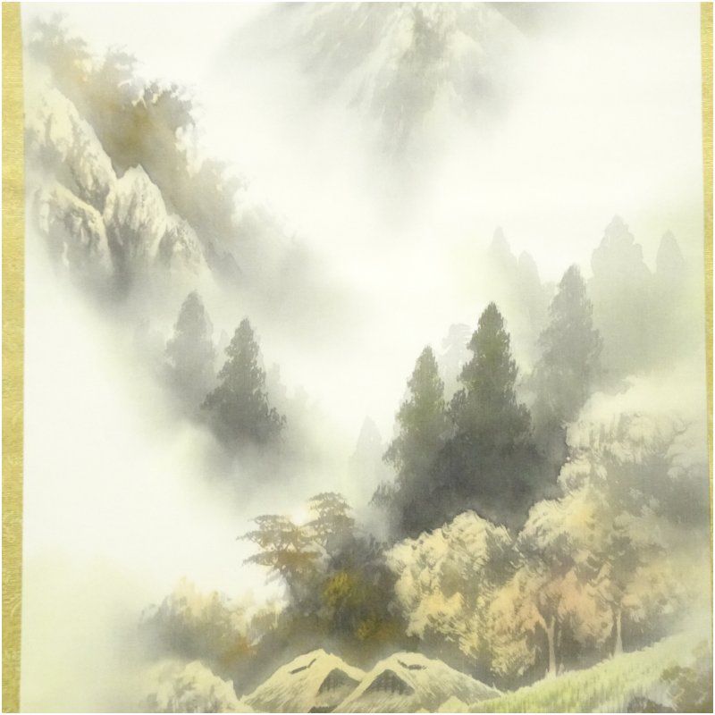 長嘉筆 彩色山水 肉筆絹本掛軸 掛け軸 床の間 書 おしゃれ 絵画 表具