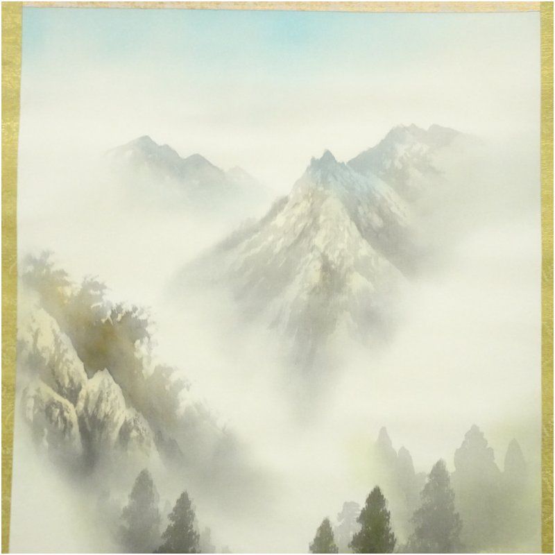 長嘉筆 彩色山水 肉筆絹本掛軸 掛け軸 床の間 書 おしゃれ 絵画 表具