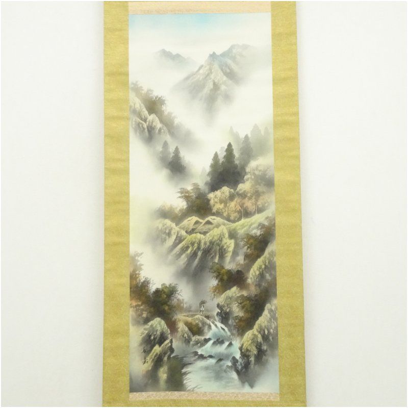 長嘉筆 彩色山水 肉筆絹本掛軸 掛け軸 床の間 書 おしゃれ 絵画 表具
