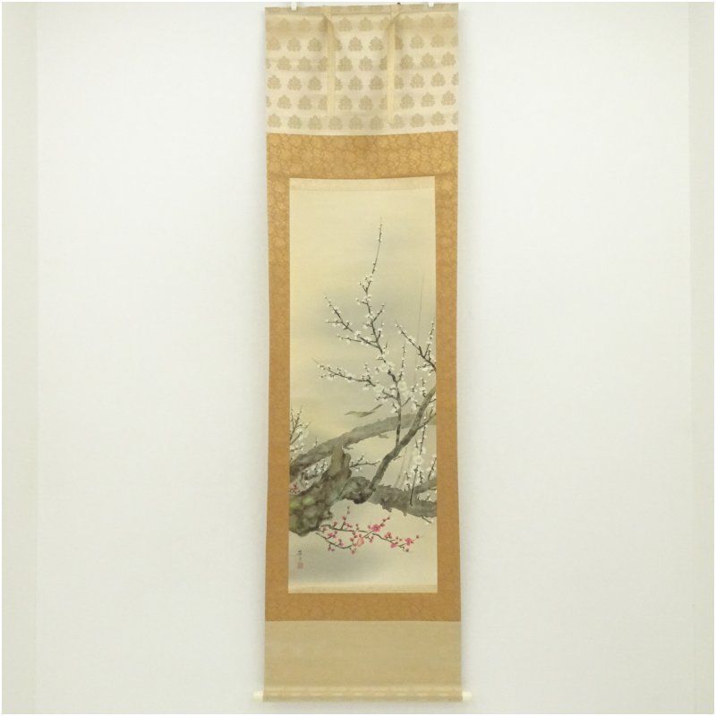 翠光筆 梅花小禽図 肉筆絹本掛軸（共箱） 掛け軸 床の間 書 おしゃれ