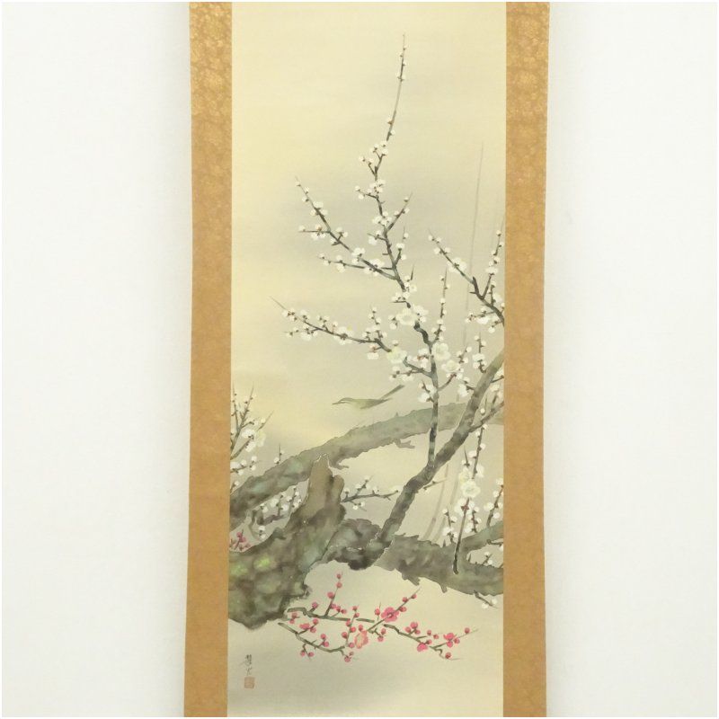 翠光筆 梅花小禽図 肉筆絹本掛軸（共箱） 掛け軸 床の間 書 おしゃれ