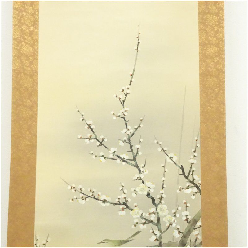 翠光筆 梅花小禽図 肉筆絹本掛軸（共箱） 掛け軸 床の間 書 おしゃれ