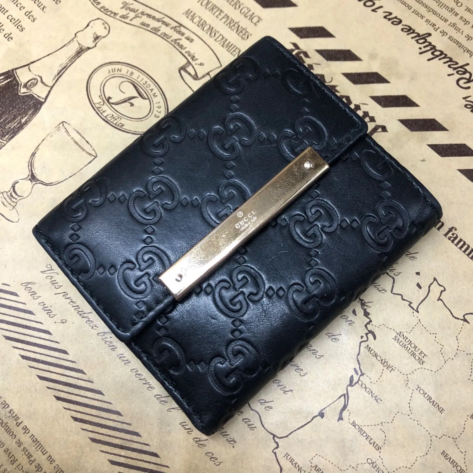 グッチ 折財布 コンパクトGG シマレザー 黒 FX33 - メルカリ