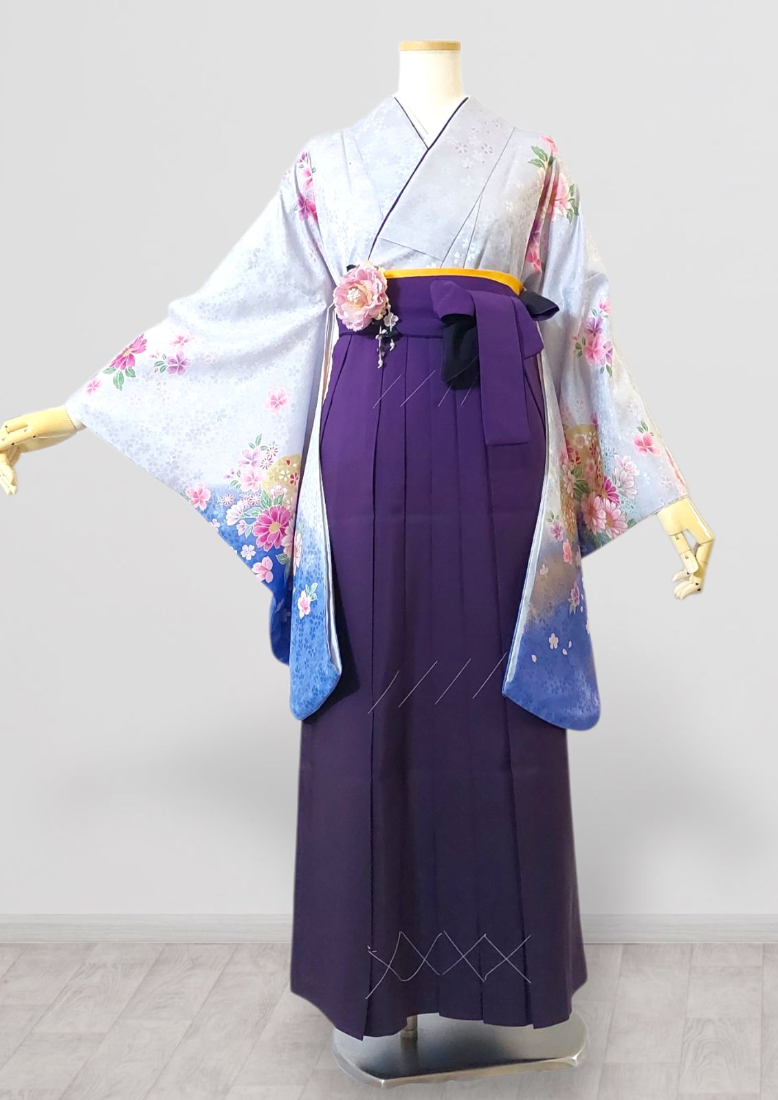 着物 袴 帯 3点セット 卒業式 に レディース袴セット 成人式 卒業式に 華やか和装 水色 青系 紫 花柄 桜 地紋 95-46